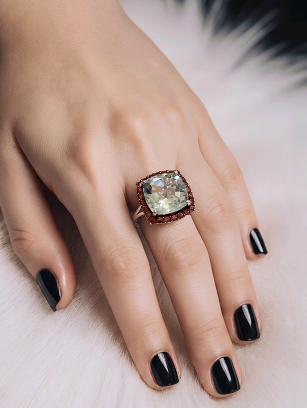 Montezuma Prasiolite Brown Swarovski Silver Halo Statement Ring Art Deco 9 NWT
